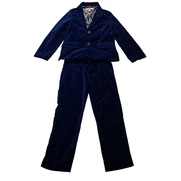 Mini Boden Velvet Blazer Jacket Pants Suit Kids Boys 7 Blue Party Wedding Formal